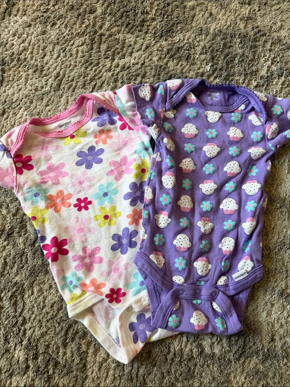 Floral & Cupcake Print Baby One-Piece Bodysuits - Pink & Purple